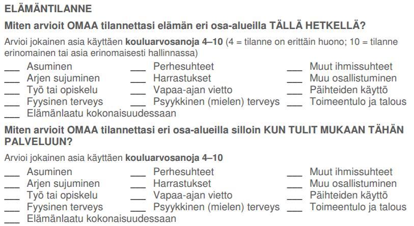 7 ELÄMÄNTILANNE Toimintoihin ja palveluihin osallistumisen oli koettu vaikuttaneen hyvinvointiin ja elämäntilanteeseen laaja-alaisesti.