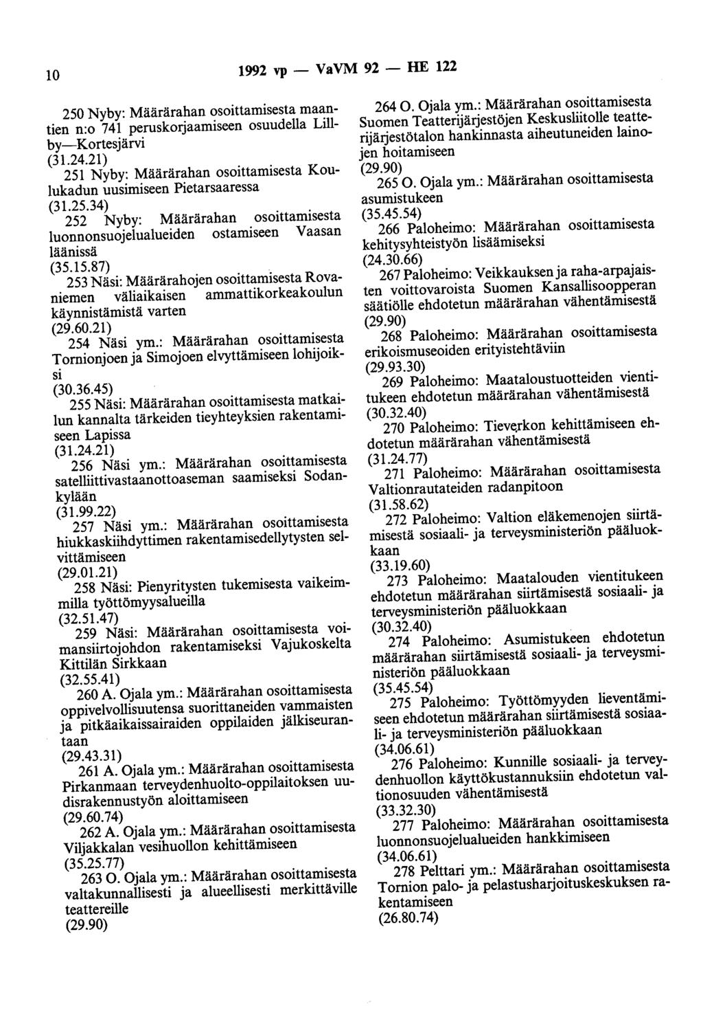 10 1992 vp- VaVM 92- HE 122 250 Nyby: Määrärahan osoittamisesta maantien n:o 741 peruskorjaamiseen osuudella Lillby-Kortesjärvi (31.24.
