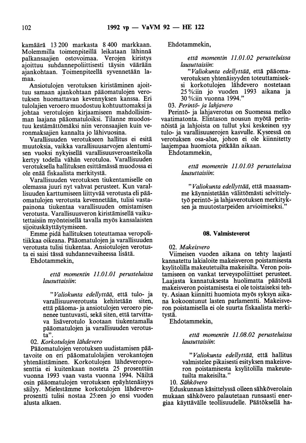 102 1992 vp - VaVM 92 - HE 122 kamäärä 13 200 markasta 8 400 markkaan. Molemmilla toimenpiteillä leikataan lähinnä palkansaajien ostovoimaa.