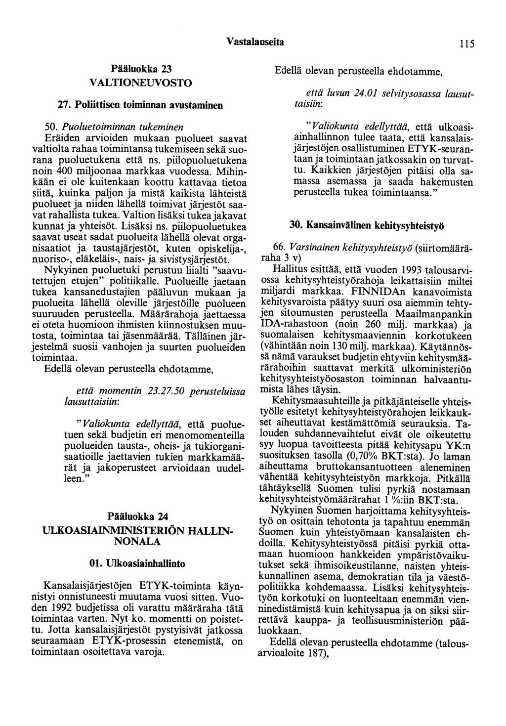 Vastalauseita 115 Pääluokka 23 VALTIONEUVOSTO 27. Polöttisen toiminnan avustaminen 50.