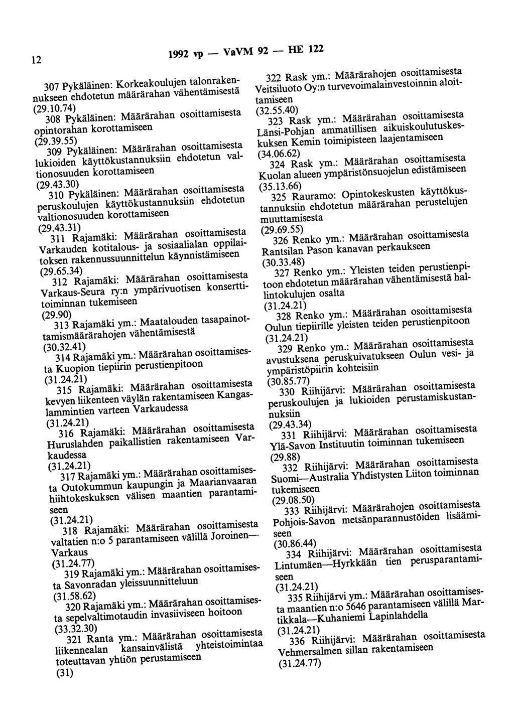 12 1992 vp - VaVM 92 - HE 122 307 Pykäläinen: Korkeakoulujen talonrakennukseen ehdotetun määrärahan vähentämisestä (29.10.74) 308 Pykäläinen: Määrärahan osoittamisesta opintorahan korottamiseen (29.