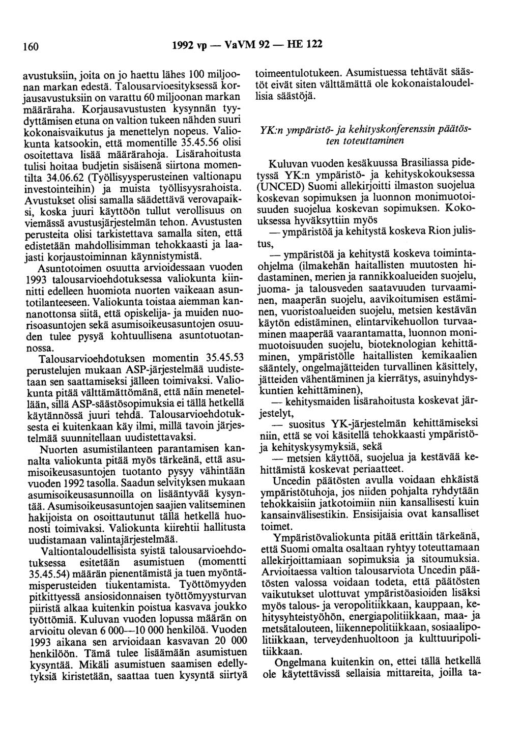 160 1992 vp- VaVM 92- HE 122 avustuksiin, joita on jo haettu lähes 100 miljoonan markan edestä. Talousarvioesityksessä korjausavustuksiin on varattu 60 miljoonan markan määräraha.