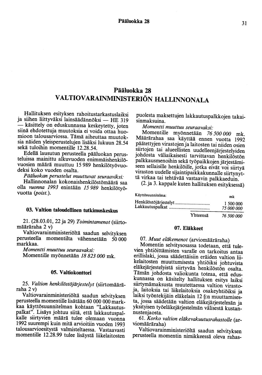Pääluokka 28 31 Pääluokka 28 VALTIOVARAINMINISTERIÖN HALLINNONALA Hallituksen esityksen rahoitustarkastuslaiksi ja siihen liittyväksi lainsäädännöksi - HE 319 -käsittely on eduskunnassa keskeytetty,