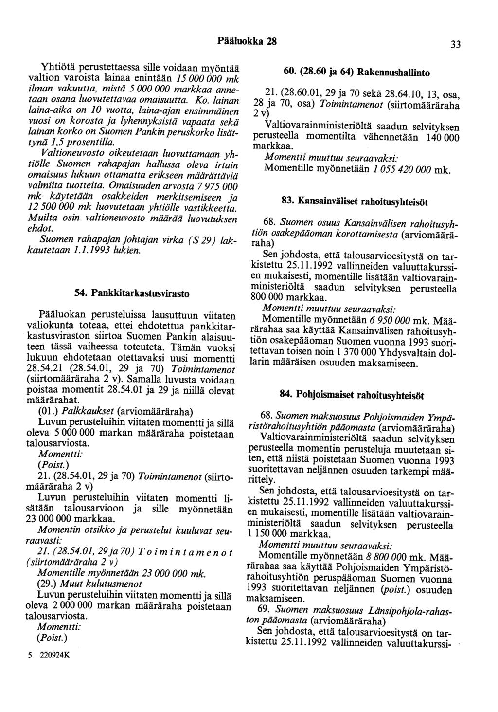 Pääluokka 28 33 Yhtiötä perustettaessa sille voidaan myöntää valtion varoista lainaa enintään 15 000 000 mk ilman vakuutta, mistä 5 000 000 markkaa annetaan osana luovutettavaa omaisuutta. Ko.
