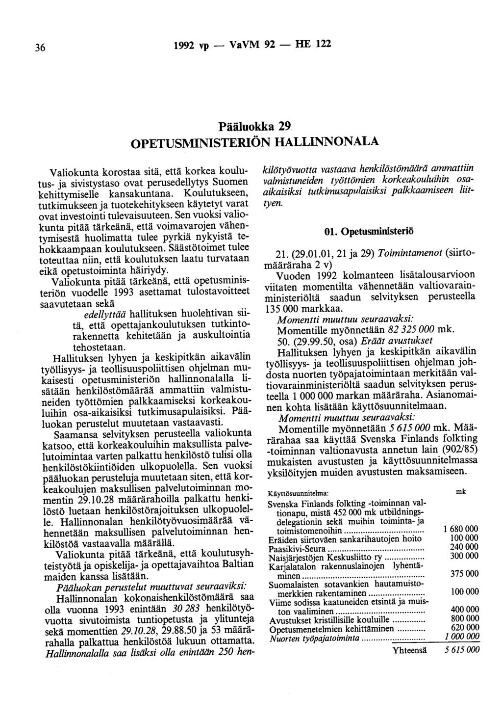 36 1992 vp - VaVM 92 - HE 122 Pääluokka 29 OPETUSMINISTERIÖN HALLINNONALA Valiokunta korostaa sitä, että korkea koulutus- ja sivistystaso ovat perusedellytys Suomen kehittymiselle kansakuntana.