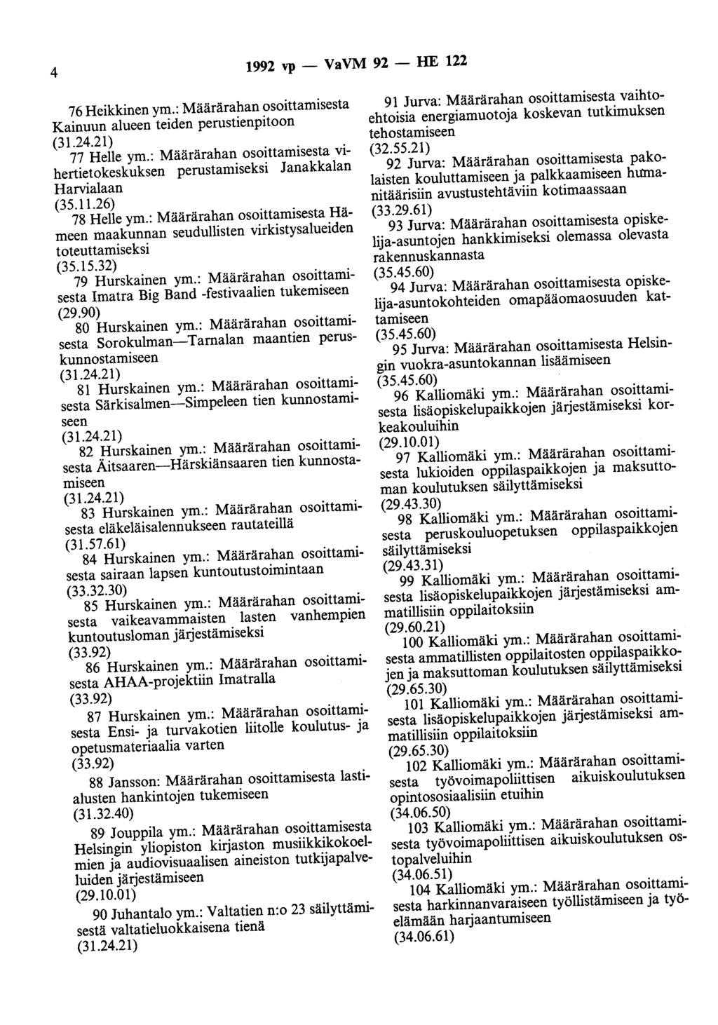 4 1992 vp - VaVM 92 - HE 122 76 Heikkinen ym.: Määrärahan osoittamisesta Kainuun alueen teiden perustienpitoon (31.24.21) 77 Helle ym.
