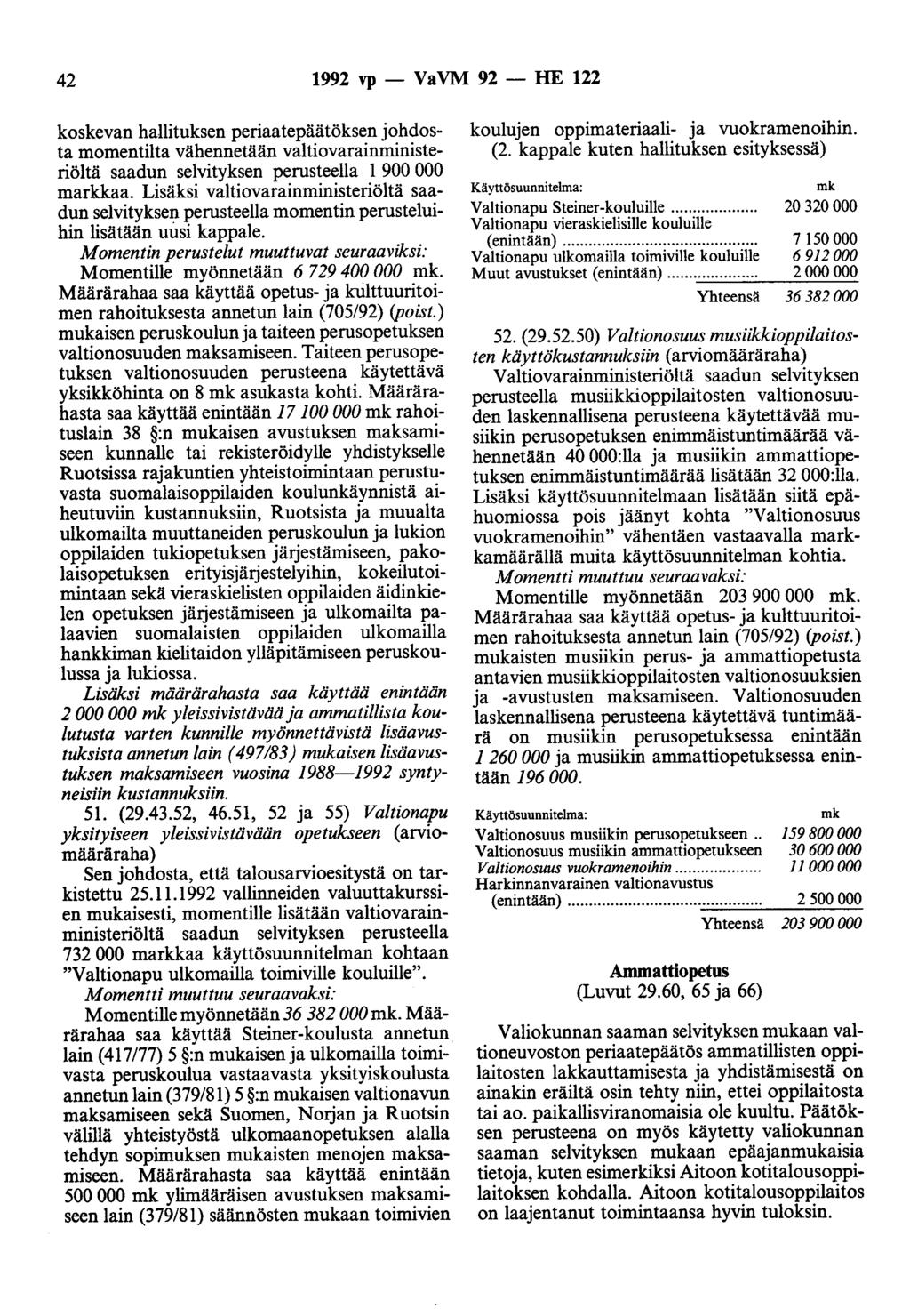 42 1992 vp- VaVM 92- HE 122 koskevan hallituksen periaatepäätöksen johdosta momentilta vähennetään valtiovarainministeriöltä saadun selvityksen perusteella 1 900 000 markkaa.