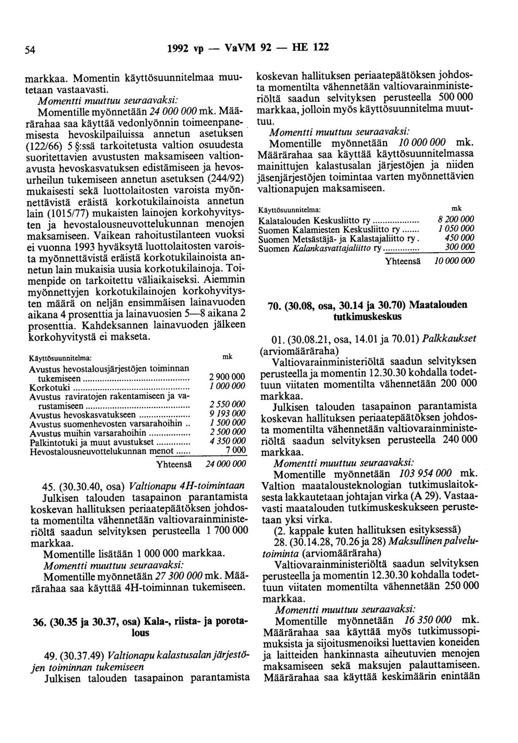 54 1992 vp - VaVM 92 - HE 122 markkaa. Momentin käyttösuunnitelmaa muutetaan vastaavasti. Momentille myönnetään 24 000 000 mk. Määrärahaa saa käyttää vedonlyönnin toimeenpane-.