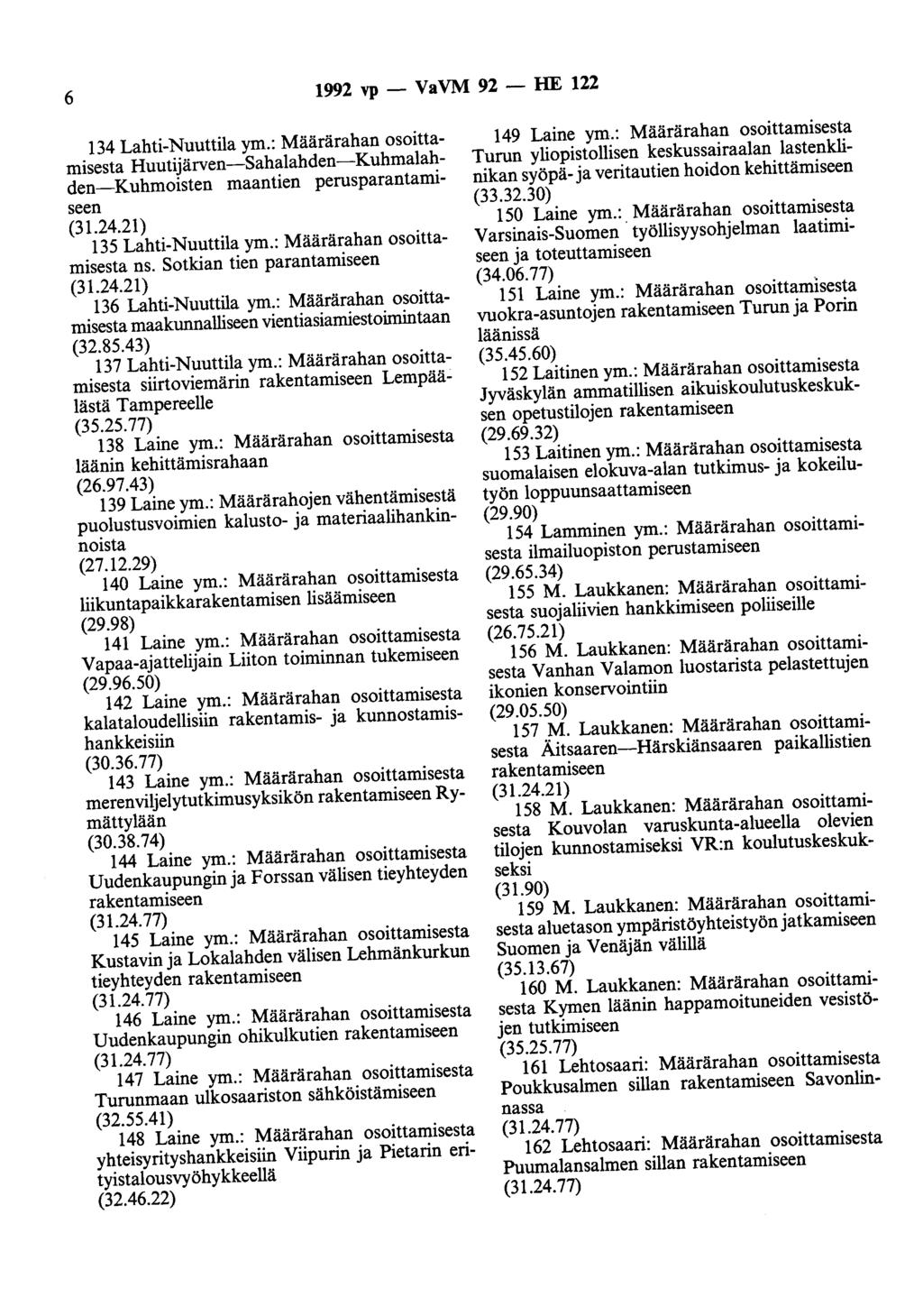 6 1992 vp- VaVM 92- HE 122 134 Lahti-Nuuttila ym.: Määrärahan osoittamisesta Huutijärven-Sahalahden-Kuhmalahden-Kuhmoisten maantien perusparantamiseen (31.24.21) 135 Lahti-Nuuttila ym.