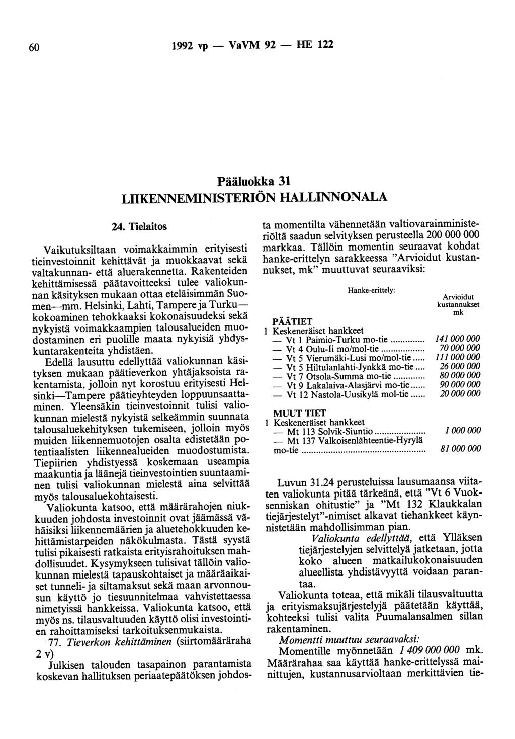 60 1992 vp- VaVM 92- HE 122 Pääluokka 31 LIIKENNEMINISTERIÖN HALLINNONALA 24.