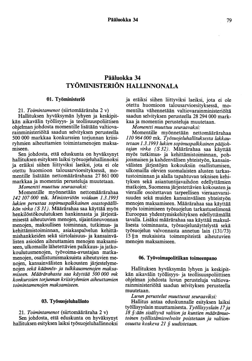 Pääluokka 34 79 Pääluokka 34 TYÖMINISTERIÖN HALLINNONALA 01. Työministeriö 21.