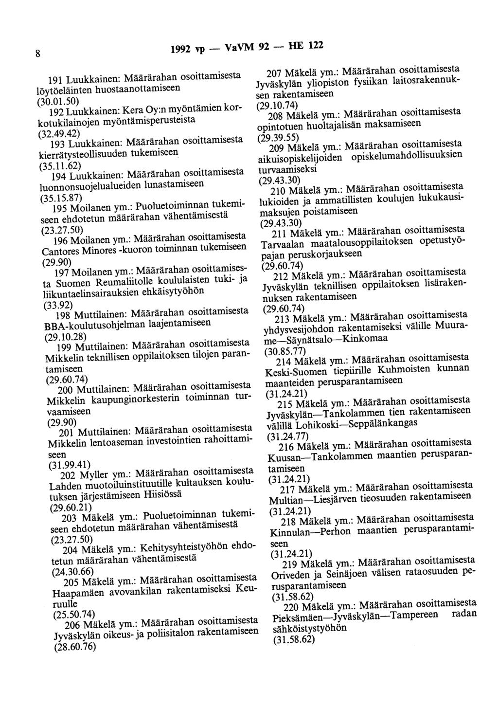 8 1992 vp- VaVM 92- HE 122 191 Luukkainen: Määrärahan osoittamisesta löytöeläinten huostaanottamiseen (30.01.50) 192 Luukkainen: Kera Oy:n myöntämien korkotukilainojen myöntämisperusteista (32.49.