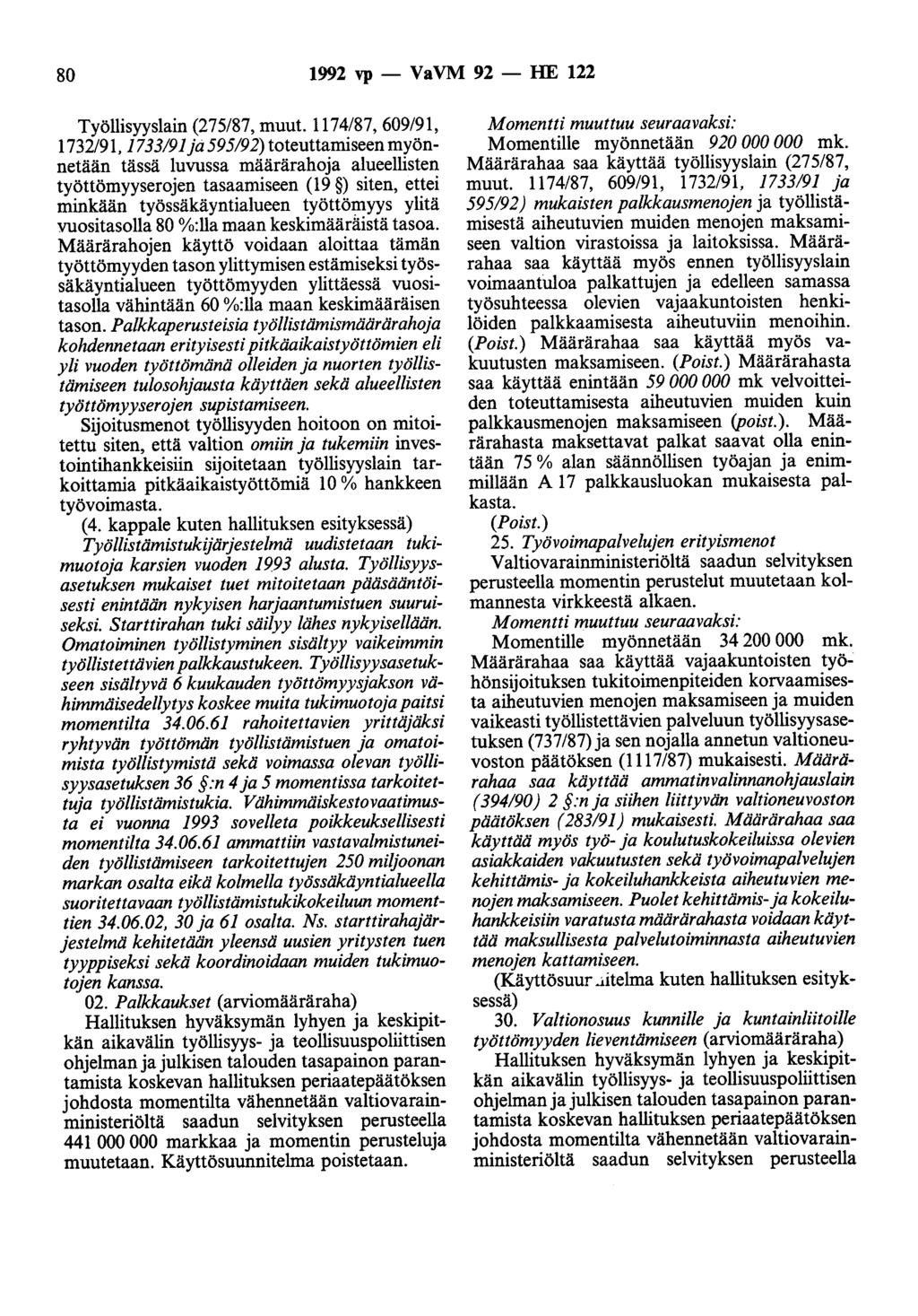 80 1992 vp - VaVM 92 - HE 122 Työllisyyslain (275/87, muut.