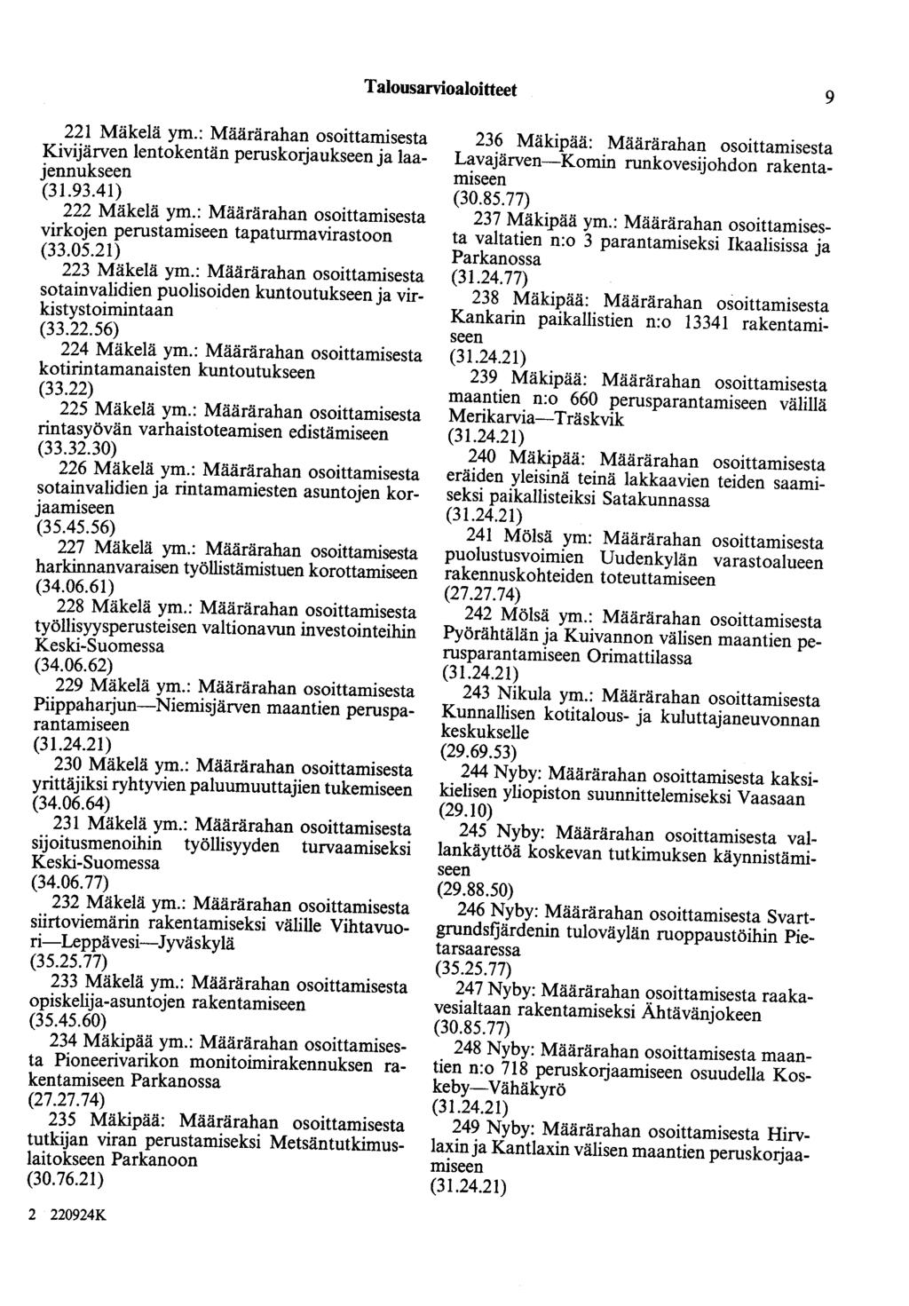 Talousarvioaloitteet 9 221 Mäkelä ym.: Määrärahan osoittamisesta Kivijärven lentokentän peruskorjaukseen ja laajennukseen (31.93.41) 222 Mäkelä ym.