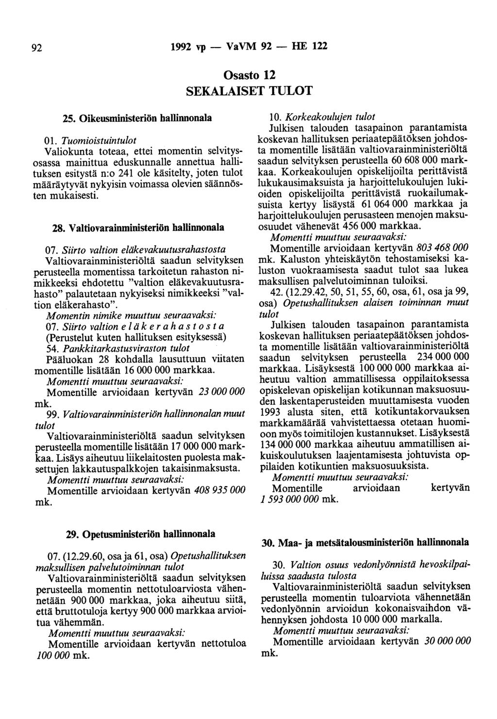 92 1992 vp - VaVM 92 - HE 122 Osasto 12 SEKALAISET TULOT 25. Oikeusministeriön hallinnonala 01.