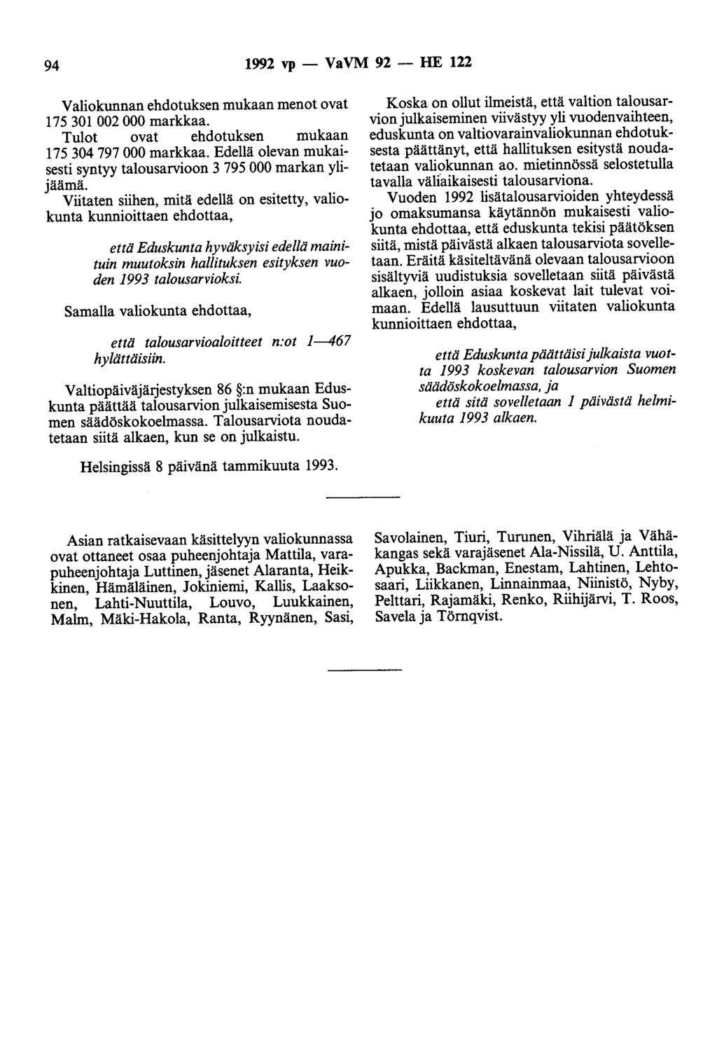 94 1992 vp- VaVM 92- HE 122 Valiokunnan ehdotuksen mukaan menot ovat 175 301 002 000 markkaa. Tulot ovat ehdotuksen mukaan 175 304 797 000 markkaa.