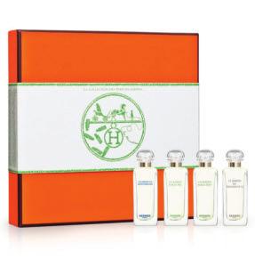 Hermès, Replicas Coffret Garden Perfumes collection contains of four 7,5ml bottles of Eau de toilette: Puutarhan tuoksut -kokoelma sisältää neljä 7,5 ml:n eau de toilette -pulloa: Un Jardin en