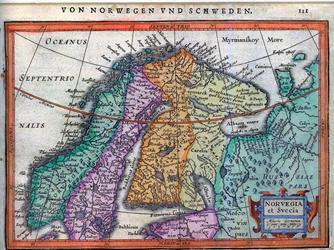 kuten J. Hondius, Ortelius 1632 kartassa Von Norwegen vnd Schweden. Oikealla tunnetun ranskalaisen kartografin N.