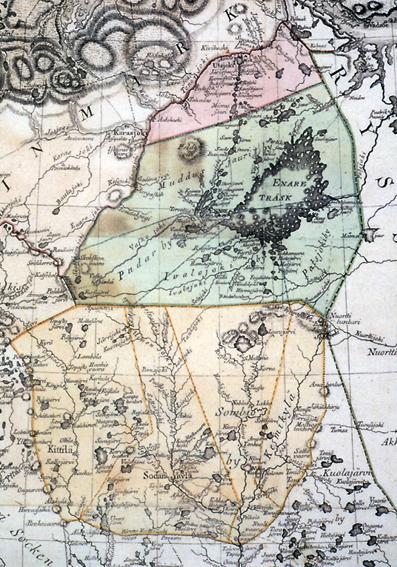 Wahlenbergin kartta 1 2 3 4 (5) 1 Kittilä, 2 Sodankylä, 3 Sompio, 4 Keminkylä, (5) Kuolajärvi (Salla) Kemin Lapin maantieteellinen ja taloudellinen kartta, Georg Wahlenberg 1804 (osakopio).