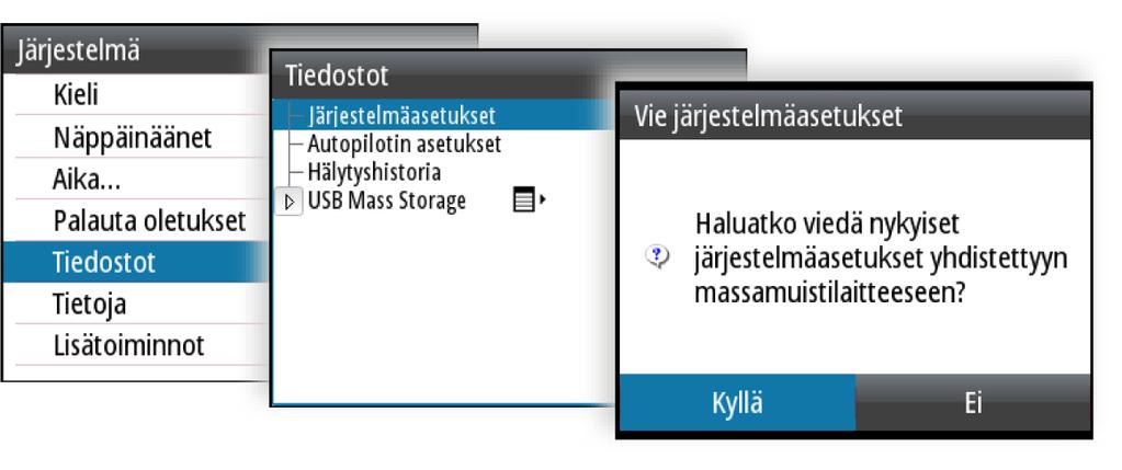 Varmuuskopiointi ja palautus aloitetaan Tiedostot-valikosta, kun laitteen takaosan USB-porttiin on kytketty muistitikku.