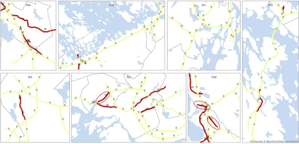 Liite 1 / 15 (38) Paikallisrooliset tiejaksot (valtakunnallista ja seudullista liikennettä alle 5000 EKV/vrk ja