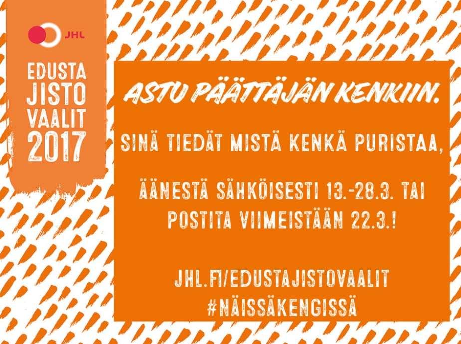 Kaikille jäsenille postitetaan vaalimateriaali, joka sisältää äänestysohjeen ja irrotettavan äänestyslipun, vastauskuoren ja oman alueen ehdokasluettelon. Äänestys alkaa maanantaina 13.3.2017 klo 00.