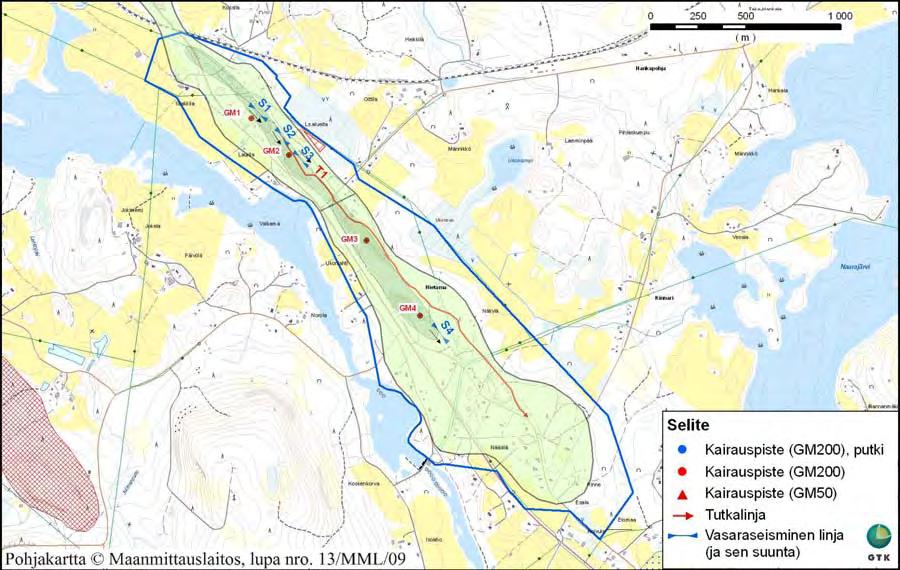 Keski-Suomen liitto Keski-Suomen POSKI projekti 2009, Pohjavesikohteet 31 Kuva 13. Hietama 4.5.3.1 Kairaukset Alueella kairattiin neljässä pisteessä (GM1 GM4).