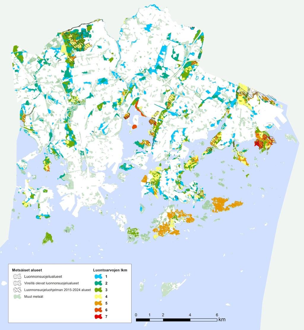 Helsingin luonnonsuojeluohjelma 2015 2024 ja metsäverkostoselvitys, korjattu ehdotus 29.9.2015 35 (143) Arvojen määrä kasvaa -> Kuva 10.