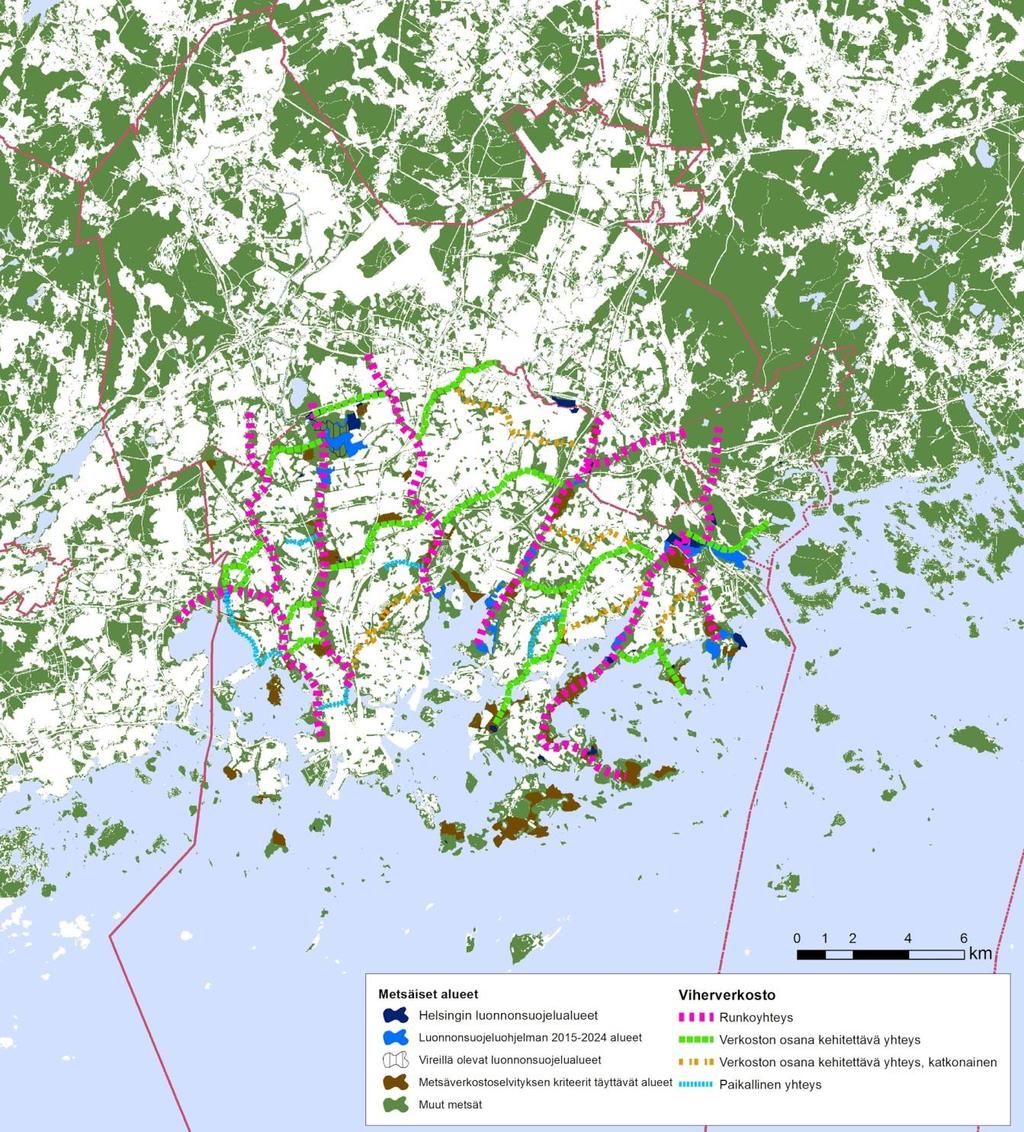 Helsingin luonnonsuojeluohjelma 2015 2024 ja metsäverkostoselvitys, korjattu ehdotus 29.9.2015 47 (143) Kuva 18. Helsingin viherverkosto osana Pääkaupunkiseudun verkostoa.