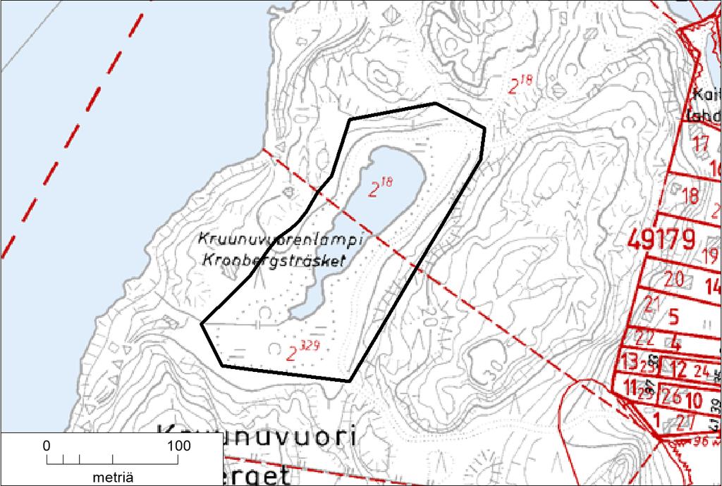 16. Kruunuvuorenlampi rantoineen Pinta-ala 2,29 ha Nevarantainen Kruunuvuorenlampi edustaa Helsingissä hyvin harvinaista ympäristö- ja kasvillisuustyyppiä (suolampi, maaduntaneva).