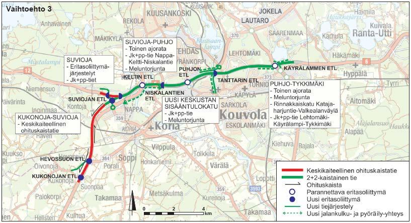18 (45) Valtatien 6 parantaminen Kouvolan kohdalla Hankevaihtoehtoon 3 sisältyvät