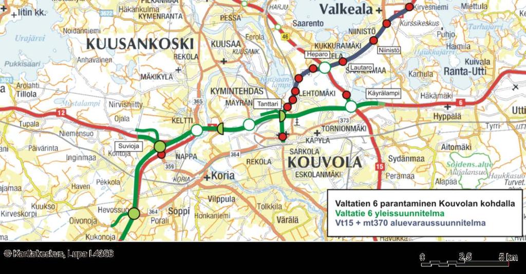 3 (45) 1 Johdanto Valtatien 6 parantamisesta Kouvolan kohdalla on laadittu yleissuunnitelma 1, joka kattaa valtatien noin 19 kilometrin matkalta välillä Kukonojan liittymä Tykkimäen liittymä.