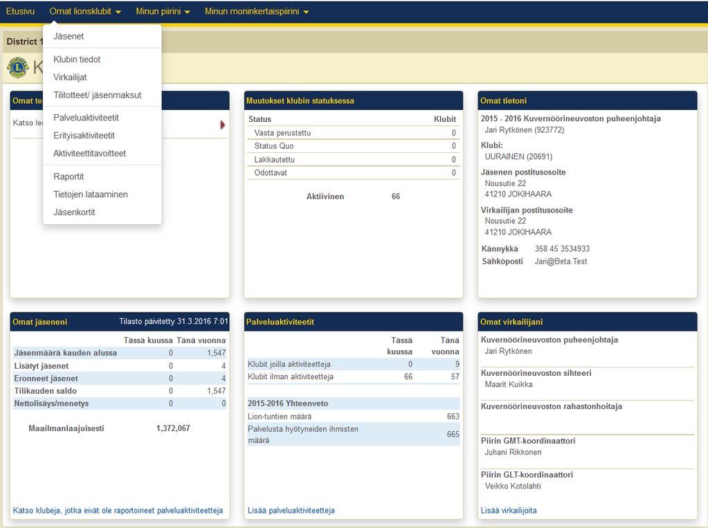 Piirikuvernööri Sivu 7 / 25 4 Omat lionsklubit Omat lionsklubit toimintovalikosta voit tarkastella seuraavia tietoja - Klubin jäsenet (oletuksena ovat oman klubin jäsenet) - Voit vaihtaa klubia