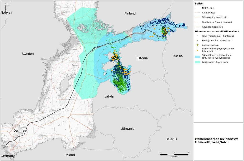 Kuvat 4.2.1.1 ja 4.2.1.2 osoittavat norpan NSP2-putkilinjan reitin kannalta merkityksellisen levinneisyyden Itämerellä.