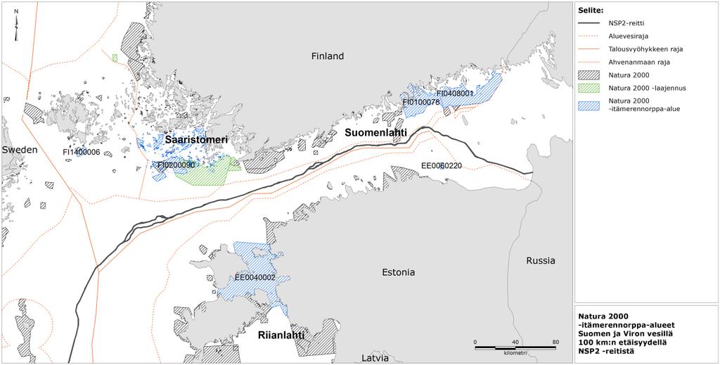 Kuva 4.7.1 Kartta Suomen ja Viron vesillä 100 km:n säteellä NSP2-putkilinjasta sijaitsevista Natura 2000 - alueista, joiden suojeluperusteisiin norppa on merkitty.