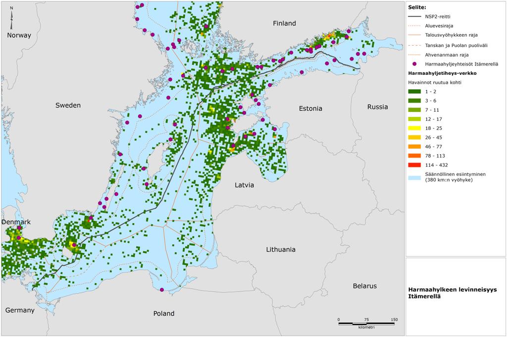 Kuva 5.2.1.1 Kartta harmaahylkeiden käyttämistä levähdyspaikoista (yhdyskunnista) lepoa, lisääntymistä ja karvanvaihtoa varten, säännölliset esiintymisalueet ja esiintymistiheys.
