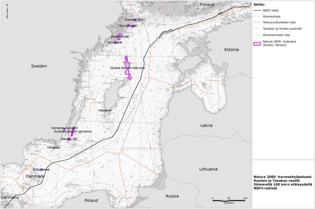 Kuva 5.7.1 Kartta Ruotsin ja Tanskan Itämeren vesillä olevista Natura 2000 -alueista, joiden suojeluperusteisiin kuuluvat harmaahylkeet.