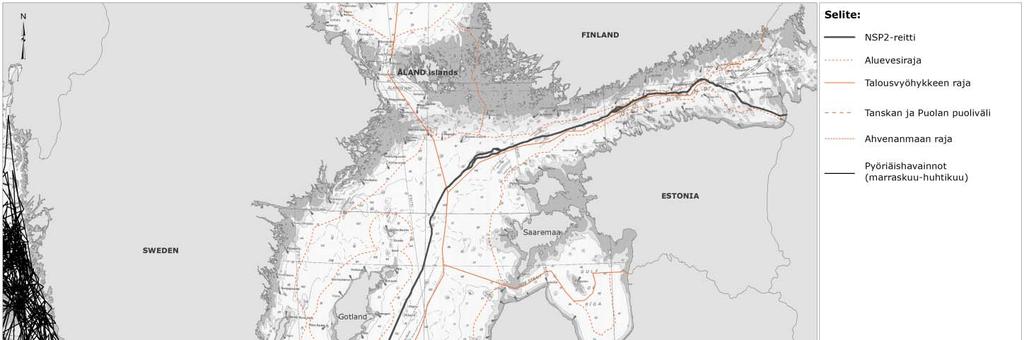 Kuva 2.1.3 Satelliittipaikantimella varustettujen pyöriäisten reitit talviaikaan. Pyöriäiset oli varustettu paikantimilla Tanskan vesillä (1997 2015).