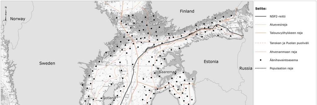 Kuva 2.1.4 Paras hoitoalueen raja varsinaisen Itämeren pyöriäiskannalle perustuen 304 asemalta kahden vuoden aikana (2011 2013) saatuihin akustisiin havaintoihin SAMBAH-projektin (www.sambah.