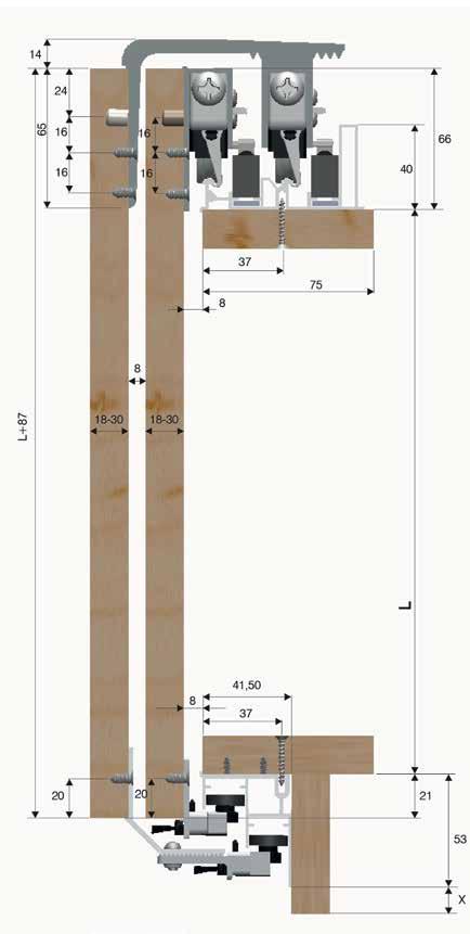 Tilanjako-ovi ALFA-liukuovijärjestelmä Ominaisuudet: Soveltuu oven paksuuksille 18-30 mm Kantavuus 100 kg Hidastimet ovissa viimeisen 10 cm matkalla suljettaessa Kahden, kolmen tai neljän oven