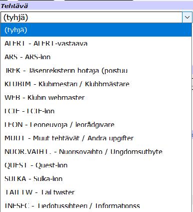 Jäsentiedot Sivu 25 / 26 12.3 Tehtävät Klubitason sallitut tehtävät ovat: - MyLCI:stä siirrettäviä tietoja ei voi tallentaa jäsenrekisteriin.