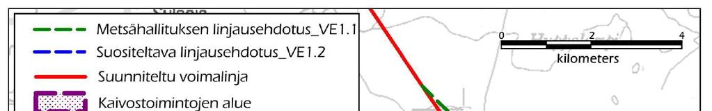 77 VE1.1 VE1.2 Kuva 6-9. Metsähallituksen ehdotus voimalinjan linjauksesta. Linjaus kiertäisi Tuiskukivalon dialogikohteen. Kartalla on myös esitetty vaihtoehdon VE1.