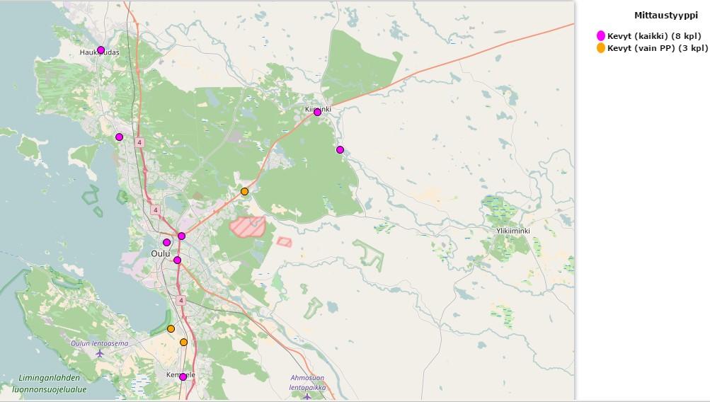 Laskentapisteet ja seurantajakson yksityiskohtaiset laskelmat Tietopalvelussa on yhteensä 11 mittauspistettä (kartta alla), joissa kahdeksassa pisteessä on jk/pplaskentalaite ja kolmessa pisteessä