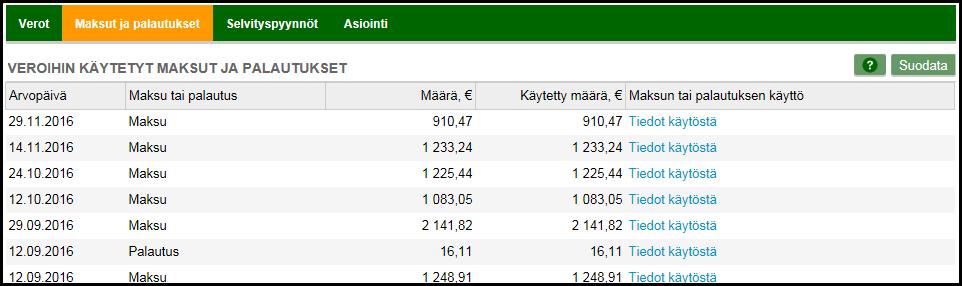 Suodata-toiminnolla voit hakea maksuja ja palautuksia joko arvopäivän mukaan tai alkuperäisen maksun tai