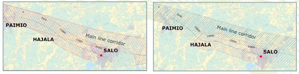 Läntinen haara (Salo-Hajala) Vaihtoehto 1 seuraa lyhyen matkaa nykyistä ratalinjaa, mutta siirtyy sitten sujuvammalle linjaukselle kohti päälinjaa.