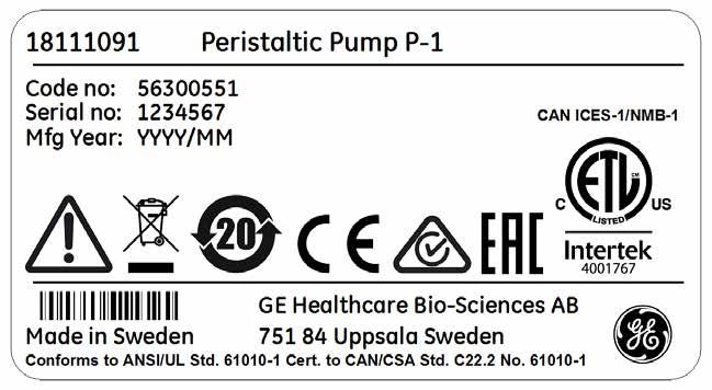2 Turvaohjeet 2.2 Merkinnät 2.2 Merkinnät Tämän kohdan sisältö Tässä osassa kuvataan Peristaltic Pump P-1-laitteeseen kiinnitettyjä merkintöjä ja merkintöjä vaarallisista aineista.