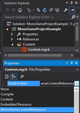 Kuvio 6. MonoGameContentReference-asetus Kun pelin kääntää Visual Studiossa Content.