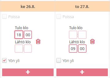 YÖN YLI HOITO: Jos lapsesi on vuorohoidossa, valittavaksi tulee myös yön yli hoito. Yön yli hoitoon annetaan hoitoontulovuorokauden tuloaika ja hoidosta lähtövuorokauden lähtöaika.