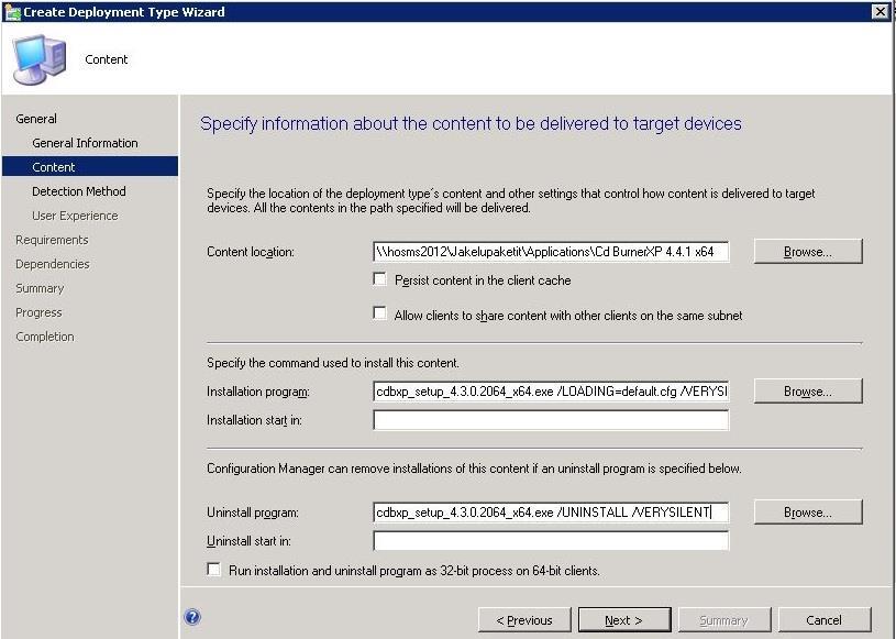 5. Create Deployment Type- velhosta aukeavaan ikkunaan valitaan Manually specify ja painetaan Next. 6. General lehdellä annetaan ohjelman asennustyypille nimi.