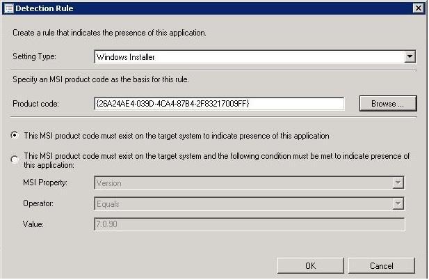 8. Detection Method kohdassa kerrotaan, millä tavoin Configuration Manager tunnistaa onko kyseinen ohjelma jo asennettu kohdekoneeseen. Painetaan Add Clause painiketta uuden ehdon luomiseksi. 9.